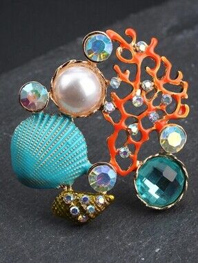 Ocean Coral Seashell Rhinestone Brooch - Aqua, Coral, Gold Breastpin Accessory